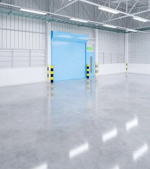 A bright blue industrial loading dock door in a spacious warehouse with polished concrete floors, clean environment, safety bollards, and high ceiling for storage and logistics operations.